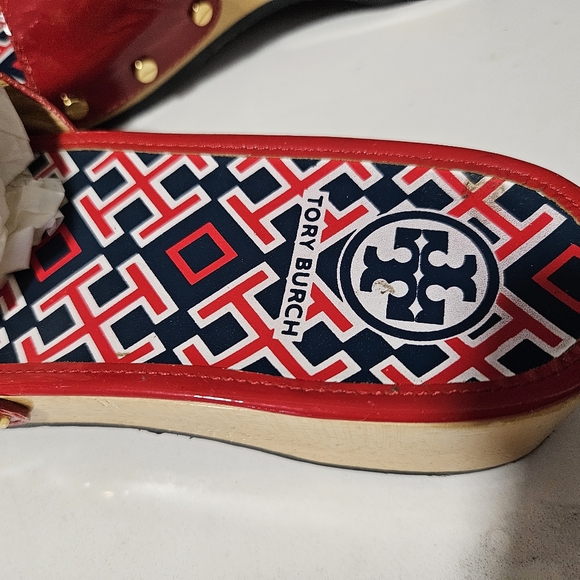 Tory Burch Dixon Patent Leather Wood Slides size 8 Womens Shoes Red Blue clogs - Picture 4 of 16
